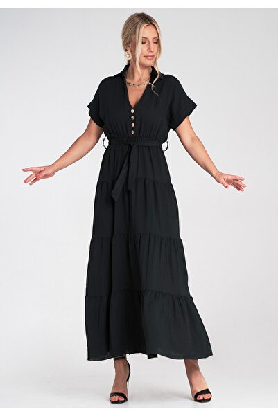 Figl Summer maxi dress - Dress with collar and ruffles - Black M1195 size L/XL