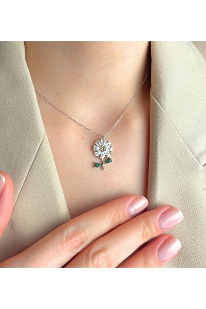 Şimal Silver 925 Ayar Gümüş Damla Taşlı Papatya kolye