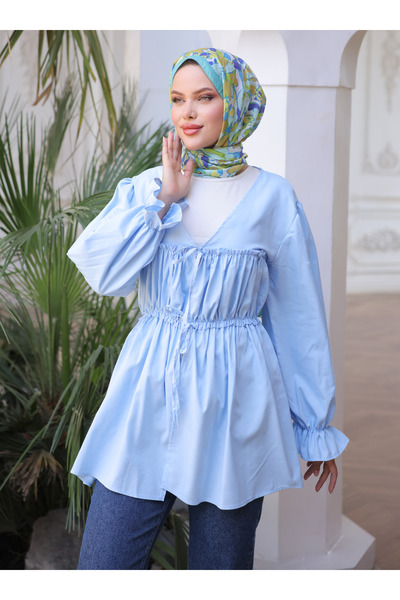 Nergis Neva Butik Belted Gathered Kimono Tunic - Blue - Nergis Neva