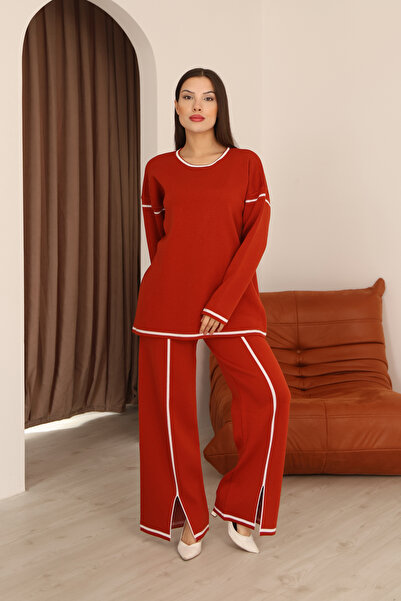 ALCHON Crew Neck Long Low-Sleeve Striped Basic Sweater Slit Waist-Lined Pants Two-Piece Knitwear Set