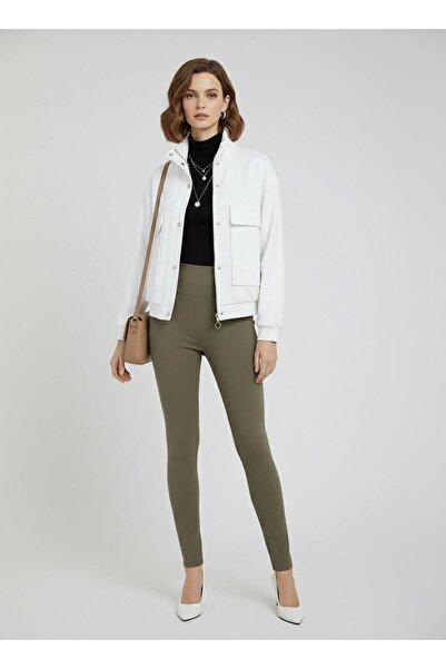 Sortie Ecru Mock Neck Zippered Snap-Closure Pocket Short Women's Modal Thin Bomber Jacket