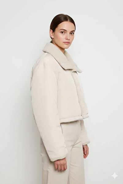 cemo Buttoned Lamb Fur Collar Short Jacket Light Beige