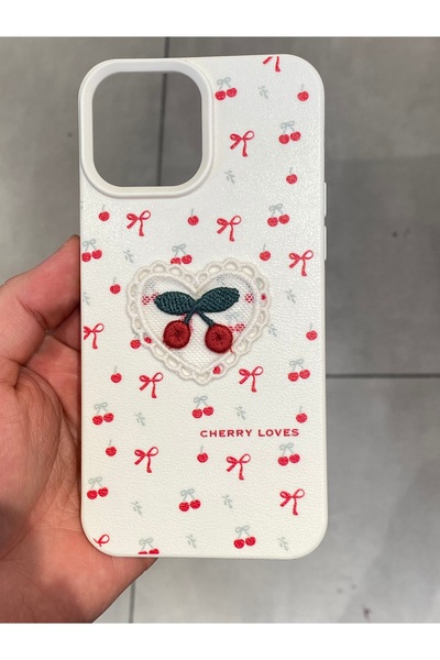 Mee.co iPhone 13 Pro Max Compatible Embroidered Cherry Pattern Case Cherry Figured Knitted Phone Case