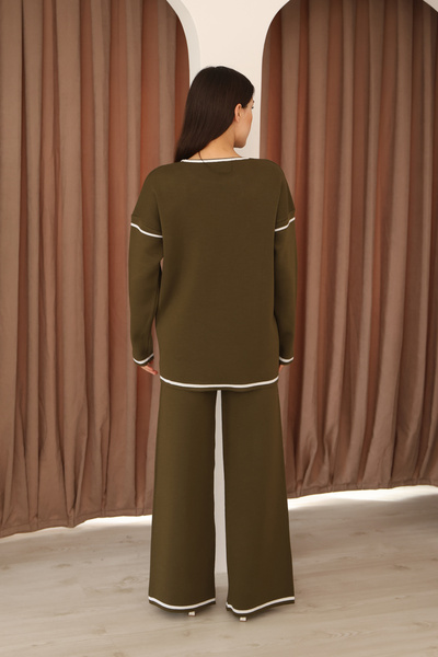 ALCHON Crew Neck Long Low-Sleeve Striped Basic Sweater Slit Waist-Lined Pants Two-Piece Knitwear Set