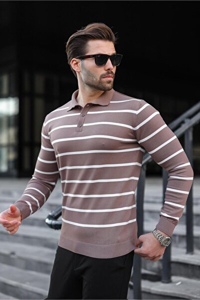 Madmext Brown Buttoned Polo Neck Striped Long Sleeve Sweater 7263