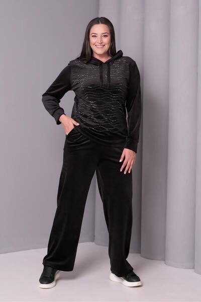 Ebsumu Women's Plus Size Velvet Natural Stone Look Black Tracksuit Set