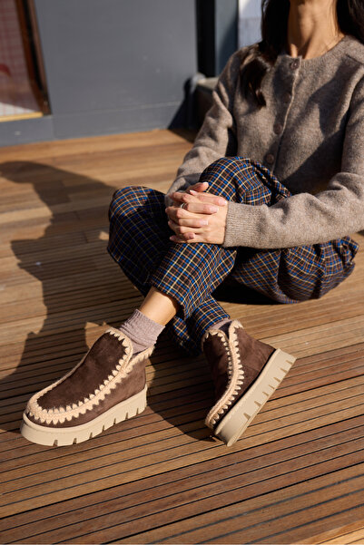 ANGELİNA JONES Munny Women's Brown Genuine Leather Suede with Plush Ultramini Boots