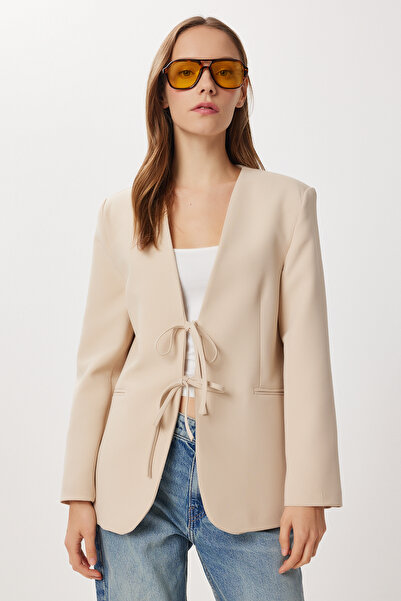Lovelyİstanbul Shoulder Pad Piece Blazer Jacket with Bow Detail Lxa0016 Cream