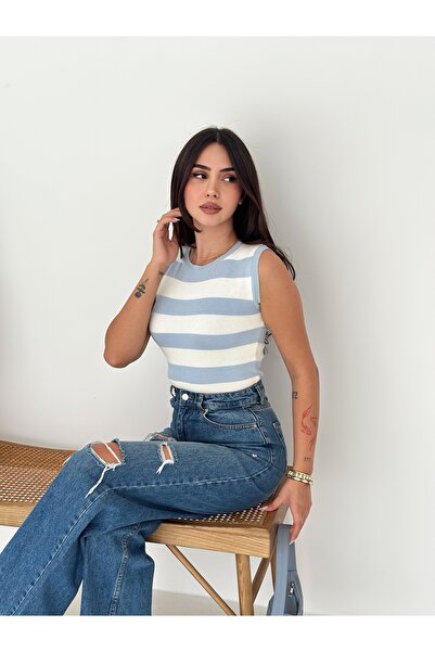 b buhari bykoc Crew Neck Striped Knit Blouse