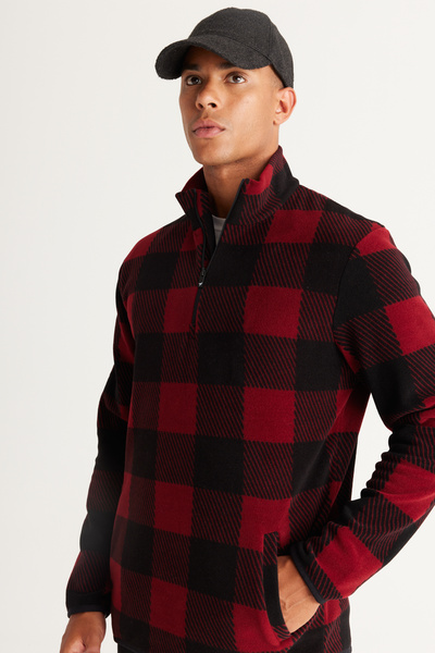 AC&Co / Altınyıldız Classics Burgundy-Black Standard Fit Regular Cut Stand Collar Fleece Sweatshirt