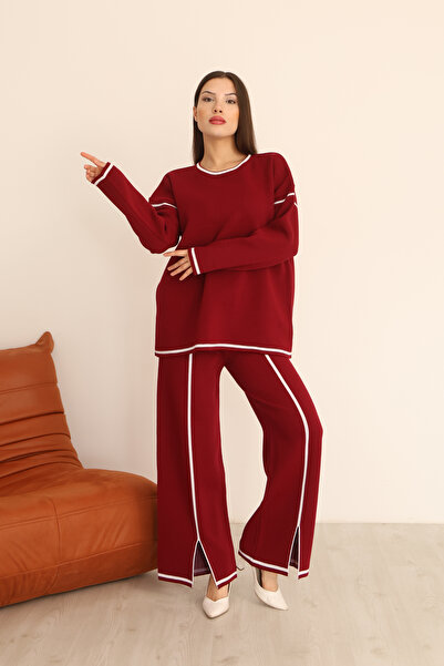 ALCHON Crew Neck Long Low-Sleeve Striped Basic Sweater Slit Waist-Lined Pants Two-Piece Knitwear Set