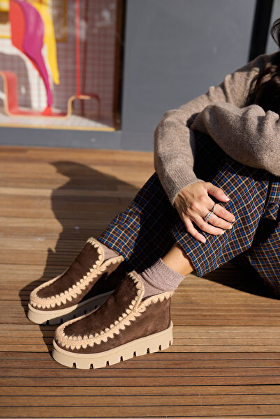 ANGELİNA JONES Munny Women's Brown Genuine Leather Suede with Plush Ultramini Boots