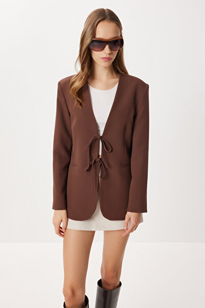 Lovelyİstanbul Shoulder Pad Piece Blazer Jacket with Bow Detail Lxa0016 Brown