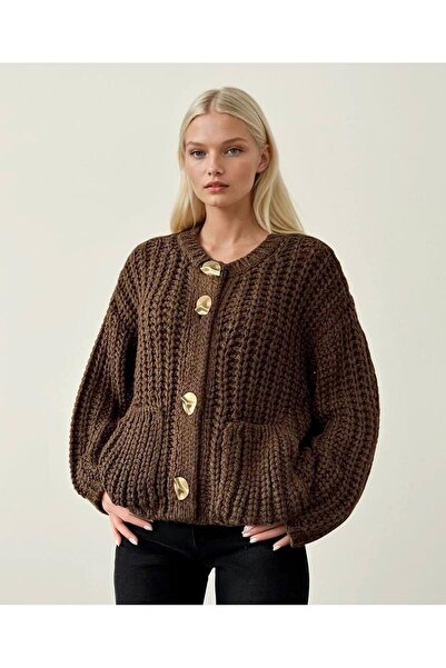 DONNA LISSA Women's Oversized Gold Buttoned Knitwear Cardigan Dl77