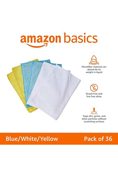 Amazon basics Microfiber Cleaning Cloth, Pack of 36, Blue/White/Yellow, 40.6 x 30.4 cm