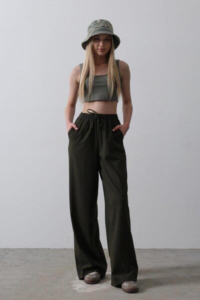 GENCULUS Wide Leg Trousers with Elastic Waist - Dark Khaki