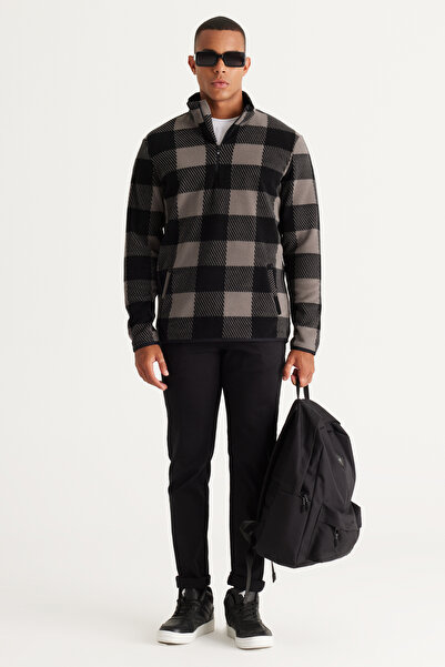 AC&Co / Altınyıldız Classics Grey-Black Standard Fit Regular Cut Stand Collar Fleece Sweatshirt