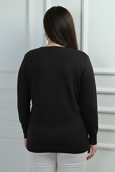 By Saygı Women's V-Neck Front Glitter Detailed Plus Size Knitwear Blouse