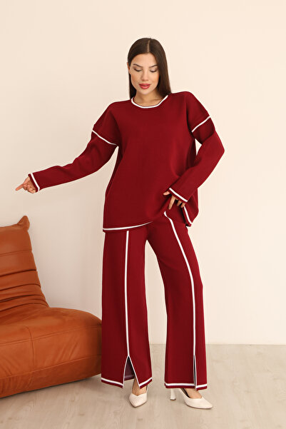 ALCHON Crew Neck Long Low-Sleeve Striped Basic Sweater Slit Waist-Lined Pants Two-Piece Knitwear Set