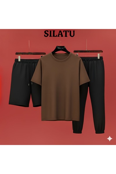 SILATU Brown T-Shirt Track Shorts 3-Piece Set