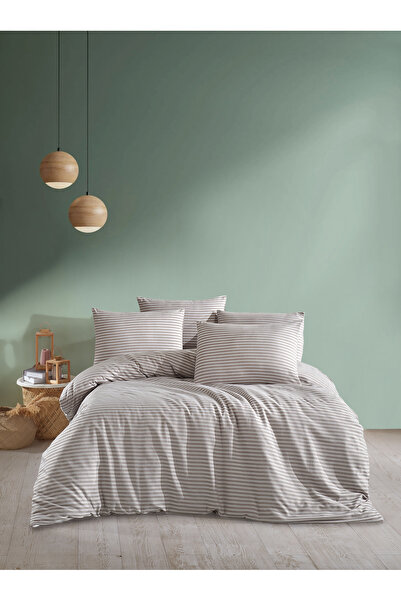 PERLE MAİSON Perlemai̇son Double Size Natural Striped Satin Bedding Set'Brown'