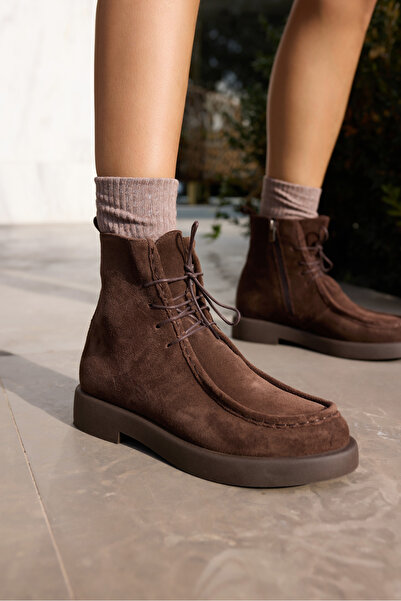 ANGELİNA JONES Fi̇li̇na Women's Brown Real Suede Lace-Up Detail Boots