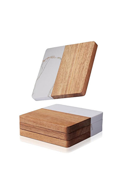 SanDonna Set of 4 square white glass coasters, made of marble and wood,