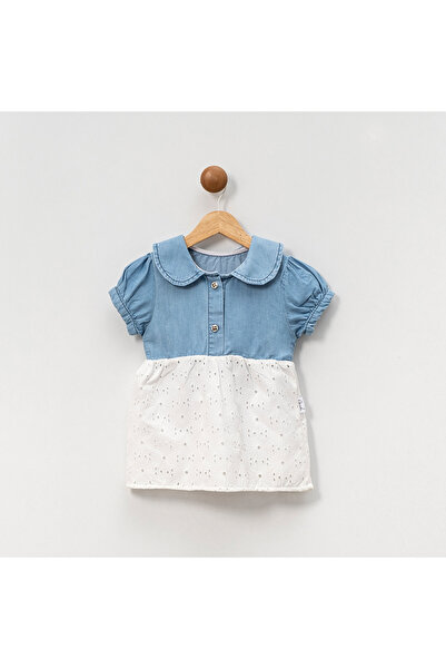 Overdo فستان بناتي من الدنيم بياقة مطرزة من عمر 1 إلى 4 سنوات - أزرق