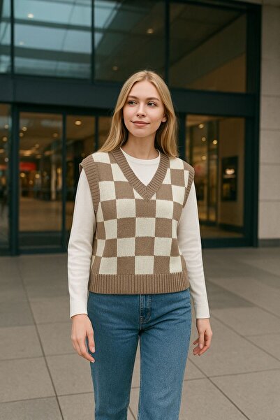 MODA NADO Women's V-Neck Checkered Sweater