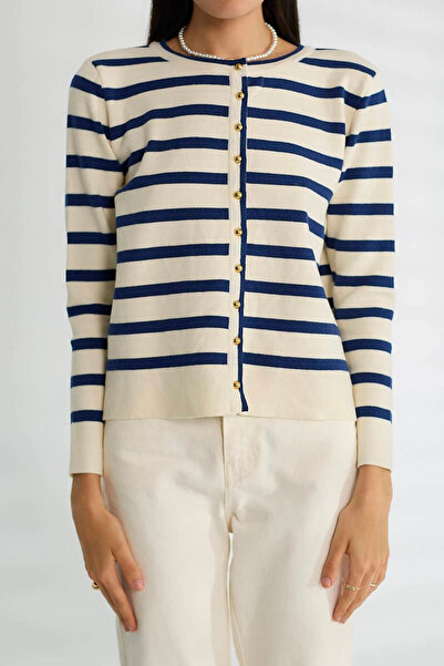 cemo Basic Buttoned Striped Long Sleeve Slim Knitwear