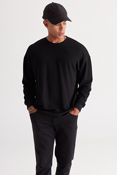 AC&Co / Altınyıldız Classics Black Loose Fit Jacquard Sweatshirt with Fleece Inside and 3 Thread Crew Neck