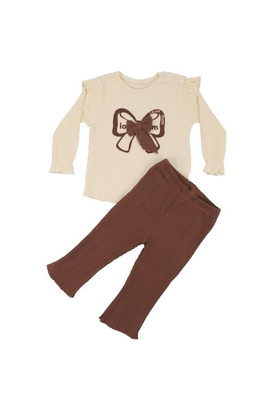 bebegen طقم من قطعتين للفتيات الصغيرات باللون البني الفاتح مع فيونكة