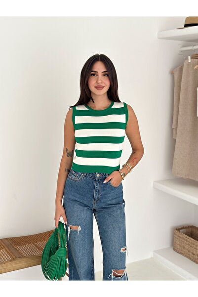 b buhari bykoc Crew Neck Striped Knit Blouse