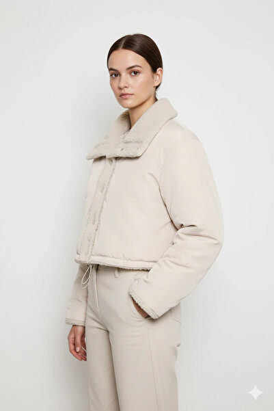cemo Buttoned Lamb Fur Collar Short Jacket Light Beige
