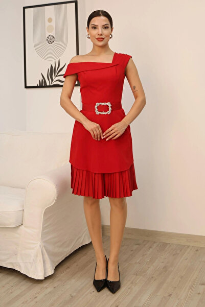 lodmela One Shoulder Skirt Pleated Belted Midi Dress 2373-Red