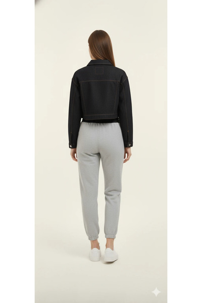 cemo Black Jean Jacket and Gray Sweatpants Combination Set