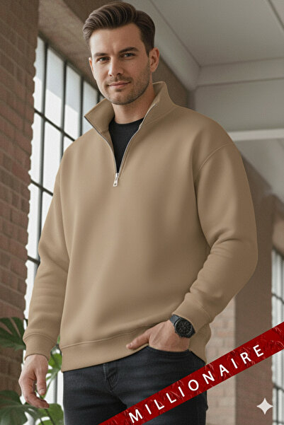 Millionaire Men's Camel Stone Sand Beige Turtleneck Fleece-Lined Thread Fleece Inside Oversized Sweatshirt