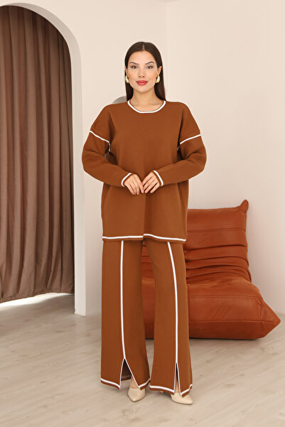 ALCHON Crew Neck Long Low-Sleeve Striped Basic Sweater Slit Waist-Lined Pants Two-Piece Knitwear Set