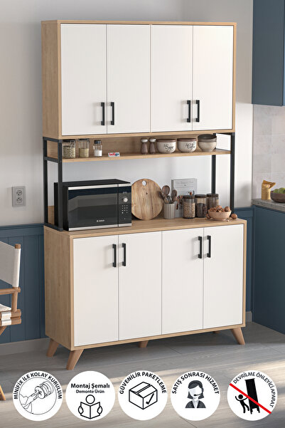 Bofigo 8 Kapaklı Çok Amaçlı Dolap Defne Mutfak Dolabı Erzak Dolabı Kiler Dolabı Safir Meşe Beyaz