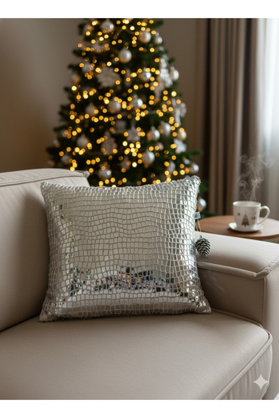 Perlasee Işıltılı Yeni Yıl Kare Dekoratif Kırlent- Altın & Gümüş Mozaik Desen - Yılbaşı Özel Serisi