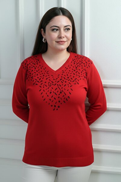 By Saygı Women's V-Neck Front Glitter Detailed Plus Size Knitwear Blouse