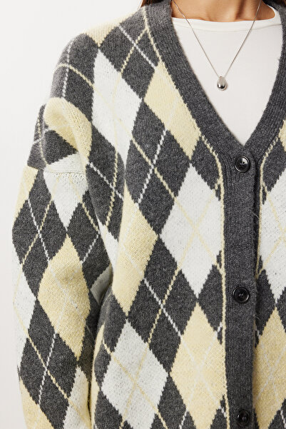 Lovelyİstanbul Oversized Diamond Patterned Knitwear Cardigan Lxa0014 Anthracite Yellow
