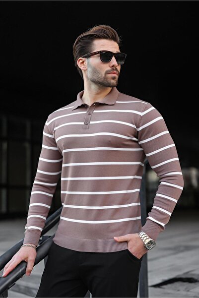 Madmext Brown Buttoned Polo Neck Striped Long Sleeve Sweater 7263