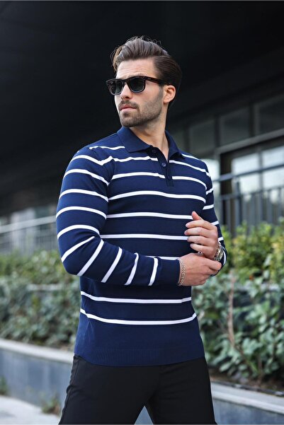 Madmext Navy Blue Buttoned Polo Neck Striped Long Sleeve Sweater 7263