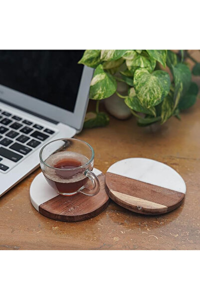 SanDonna Set of 4 round white glass coasters, made of marble and wood,
