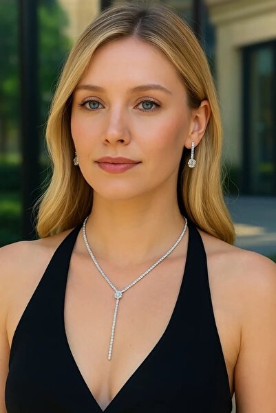 BirYıldızOl Gümüş Kaplama Zirkon Takı Seti Abiye Kolye Küpe Seti Nişan Gelin ...