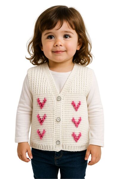 Uretti - Çiğdem 1390 7471 Hand Knitted Heart Patterned Knitted Vest - 1 - 3 Years Old