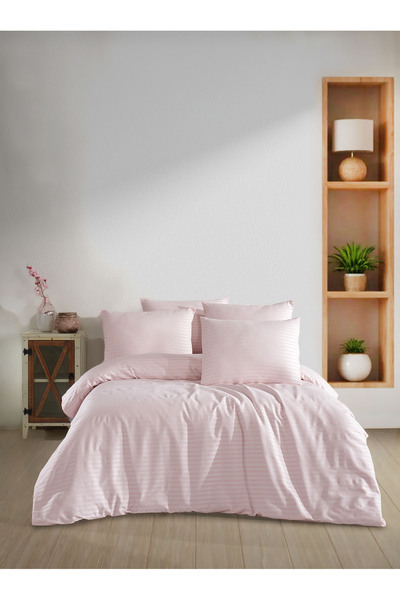 PERLE MAİSON طقم غطاء لحاف من الساتان المخطط الطبيعي مزدوج الحجم من بيرليمايس...