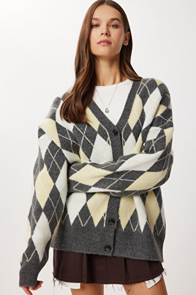 Lovelyİstanbul Oversized Diamond Patterned Knitwear Cardigan Lxa0014 Anthracite Yellow