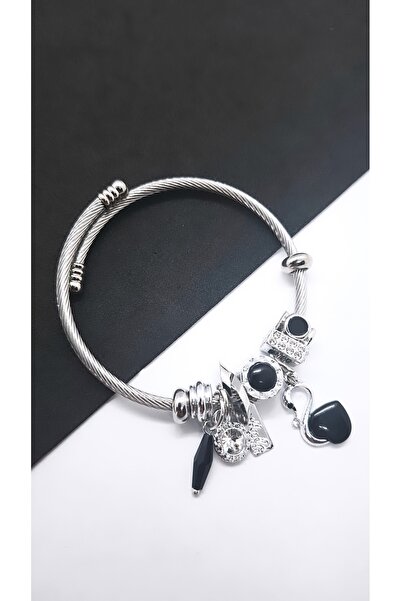 Serenity Black Swan Charm Steel Bracelet
